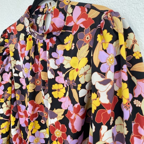 Who What Wear Floral Top Bohemian Garden High Neck Pleated Blouse Retro Colorful - Picture 2 of 9